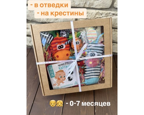 +Подарок для малыша-малышки 0+, подарок ребенку 0+, подарок на крещение-крестины, подарок новорожденному-новорожденной, подарок в отведки  (Носочки-погремушки с напульсниками + Набор карточек с рождения "Черно-белые картинки")