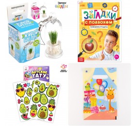 6 вариант 7-8 лет Подарок на день рождения Живой брелок + Книга загадок с подвохом + Тату + пакет