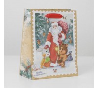 Пакет подарочный крафтовый вертикальный «Дедушка мороз и зверята», MS 18 × 23 × 10 см
