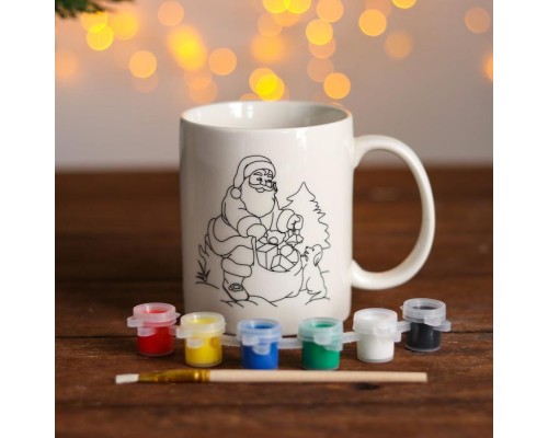 Набор для творчества кружка под раскраску «Мешок подарков» краска 6 цв по 2 мл, кисть, 300 мл