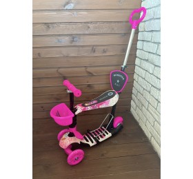 Самокат детский 5 в 1 Scooter с подножкой и родительской ручкой, беговел (розовый/конфеты)