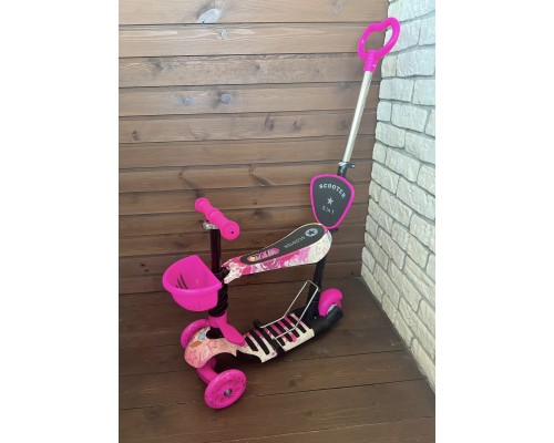 Самокат детский 5 в 1 Scooter с подножкой и родительской ручкой, беговел (розовый/конфеты)