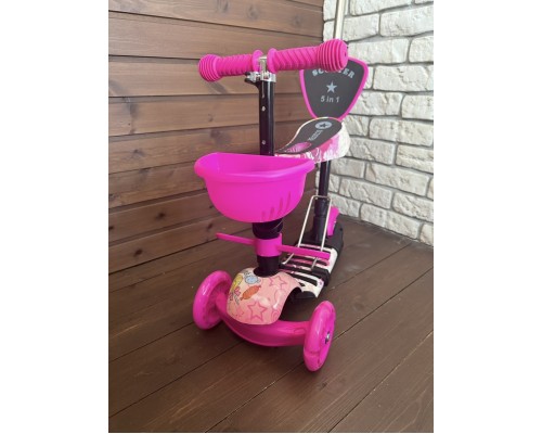 Самокат детский 5 в 1 Scooter с подножкой и родительской ручкой, беговел (розовый/конфеты)