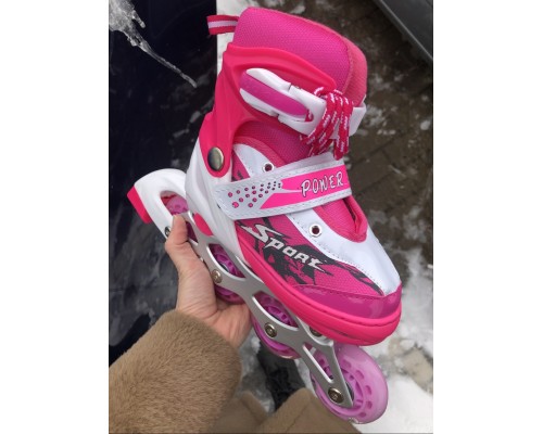 Роликовые коньки с раздвижным механизмом со шлемом и защитой на руки и ноги (размер 31-34 и 35-38 арт. 680ВТ-S (розовые/яркие)