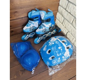 Роликовые коньки с раздвижным механизмом со шлемом и защитой на руки и ноги (размер 31-34 или 35-38), арт. 203-S (синий)