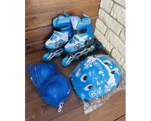 Роликовые коньки с раздвижным механизмом со шлемом и защитой на руки и ноги (размер 31-34 или 35-38), арт. 203-S (синий)