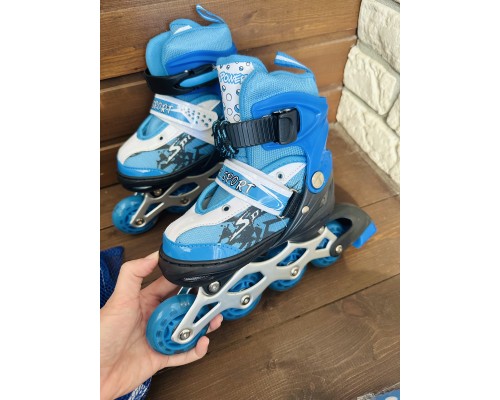 Роликовые коньки с раздвижным механизмом со шлемом и защитой на руки и ноги (размер 31-34 или 35-38), арт. 203-S (синий)