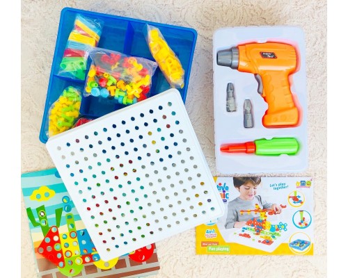 Конструктор 3D мозаика с шуруповертом 6 в 1 «Creative double sided box» 261 деталь + 6 картинок