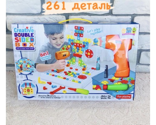 Конструктор 3D мозаика с шуруповертом 6 в 1 «Creative double sided box» 261 деталь + 6 картинок