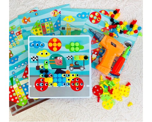 Конструктор 3D мозаика с шуруповертом 6 в 1 «Creative double sided box» 261 деталь + 6 картинок