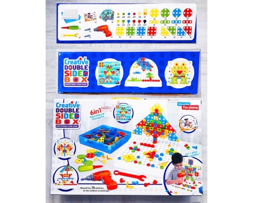 Конструктор 3D мозаика с шуруповертом 6 в 1 «Creative double sided box» 261 деталь + 6 картинок