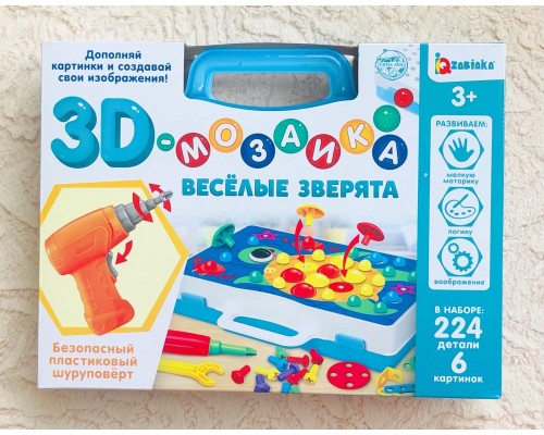 Конструктор 3D мозаика с шуруповертом «Веселые зверята» 224 детали + 6 картинок