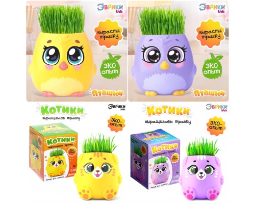 Набор для опытов «Котики. Выращиваем травку», сиреневый горшочек