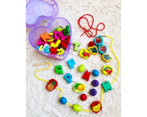 Шнуровка «Сердце» (фрукты, английский алфавит) 55 бусин
